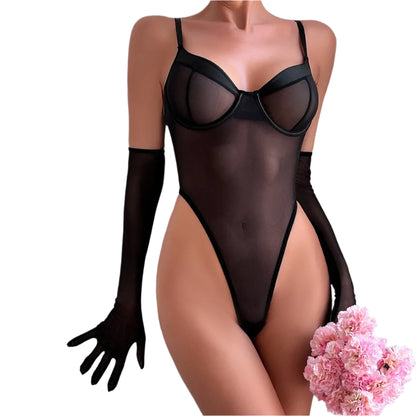 Sexy Sheer Mesh Bodysuit And Cloves